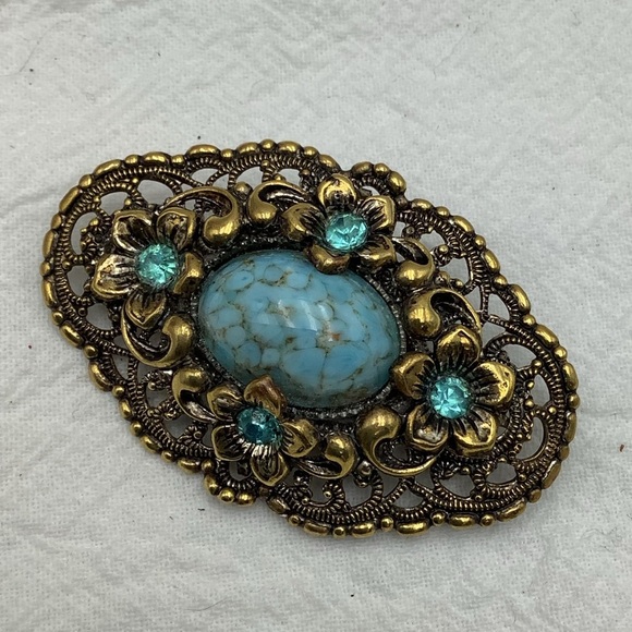 Vintage Czech Glass Brass and Rhinestone Brooch - Picture 1 of 6